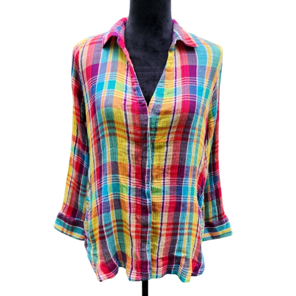 Rainbow Plaid Check Long Sleeved Button Up Blouse Top *Damaged/Missing Button*